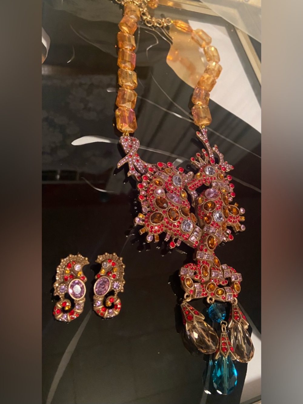 Pink,Red, Antique Gold ,Purple ,Amber etc. Statement Necklace&Earrings Set#60